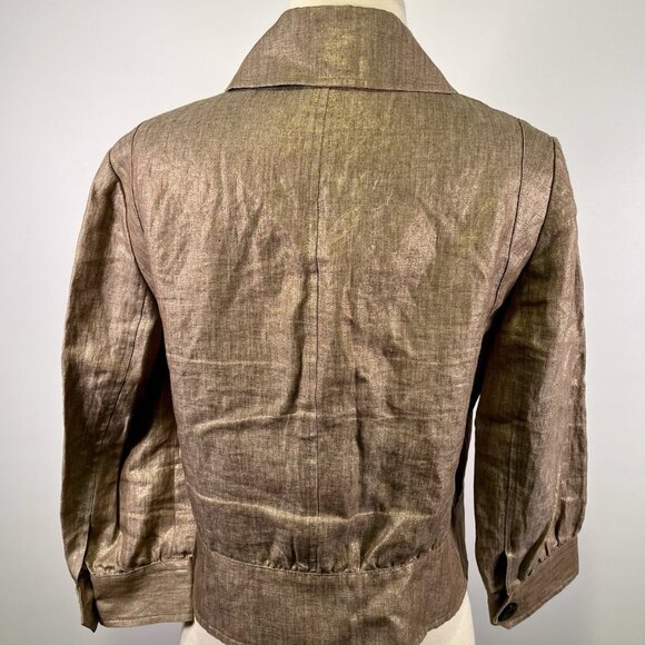Per Se Women’s Cropped Linen Metallic Jacket Tan Shimmer Blazer Size 6 Safari - Picture 5 of 8
